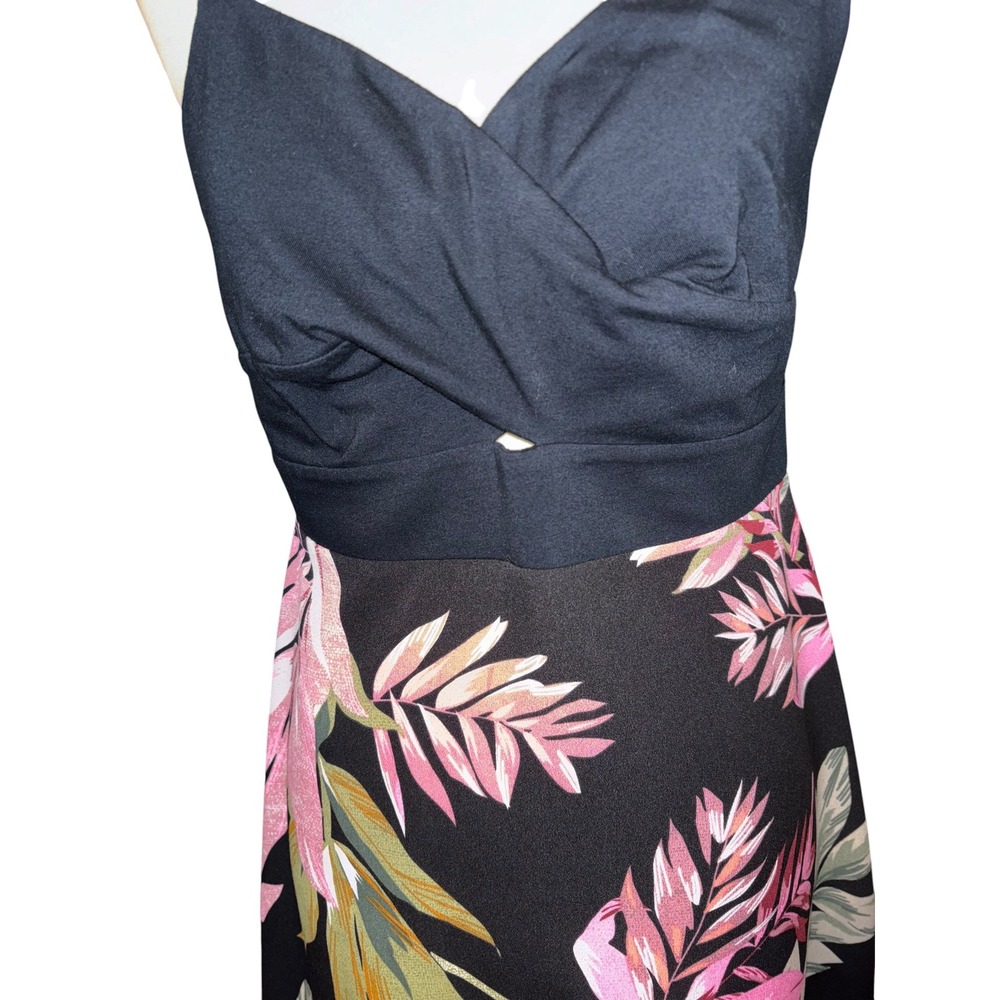 Cabi Beach Club Dress Medium Black Pink Tropical Floral Surplice Midi 5384 Vacay - Picture 7 of 13